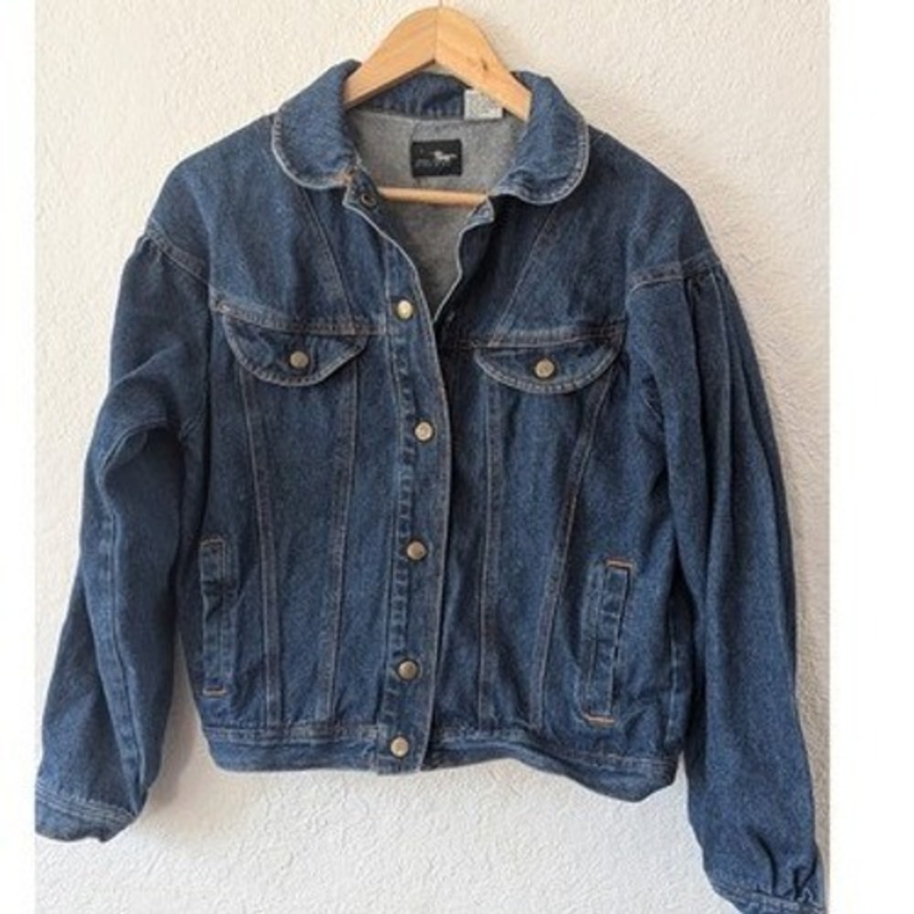 Vintage Silver Unicorn Womens Blue Denim Jacket Puff Shoulder 90s Medium Wash L